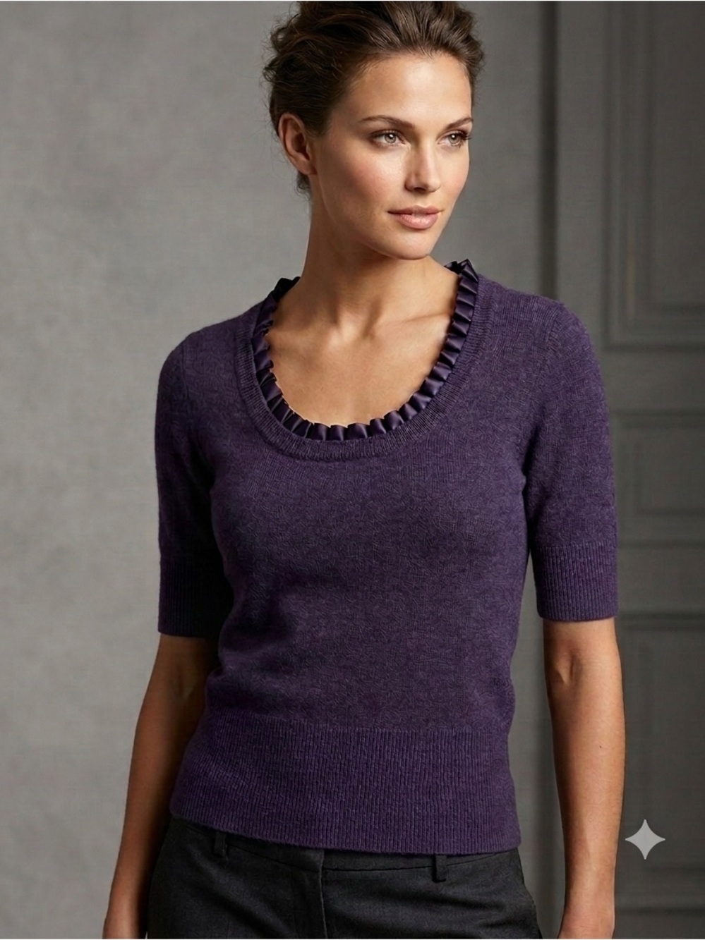 Tweeds Women’s Small 100% Italian Merino Wool Ruffle Trim Purple Sweater Top S